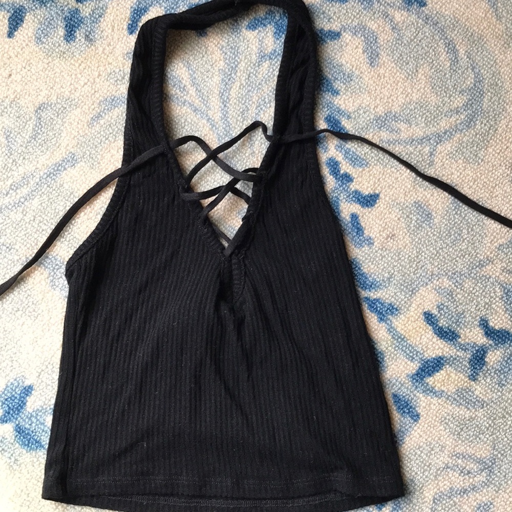 black crop tip with ties in front that laces up